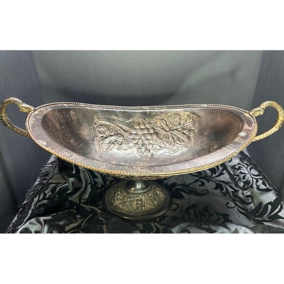 Vintage Brass Table Centerpiece Bowl Pedestal Embossed Fruit with Handles 16" L - Picture 2 of 14